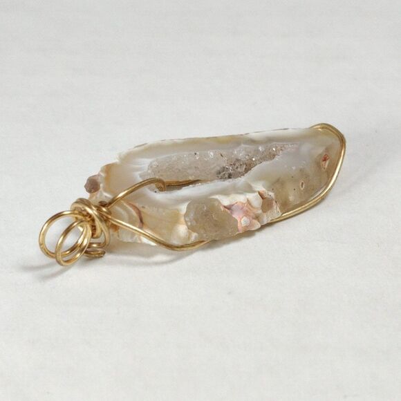 Gold Tone Wire Wrapped Agate Natural Raw Geode Druzy Sliced Stone Pendant Boho - Picture 8 of 16